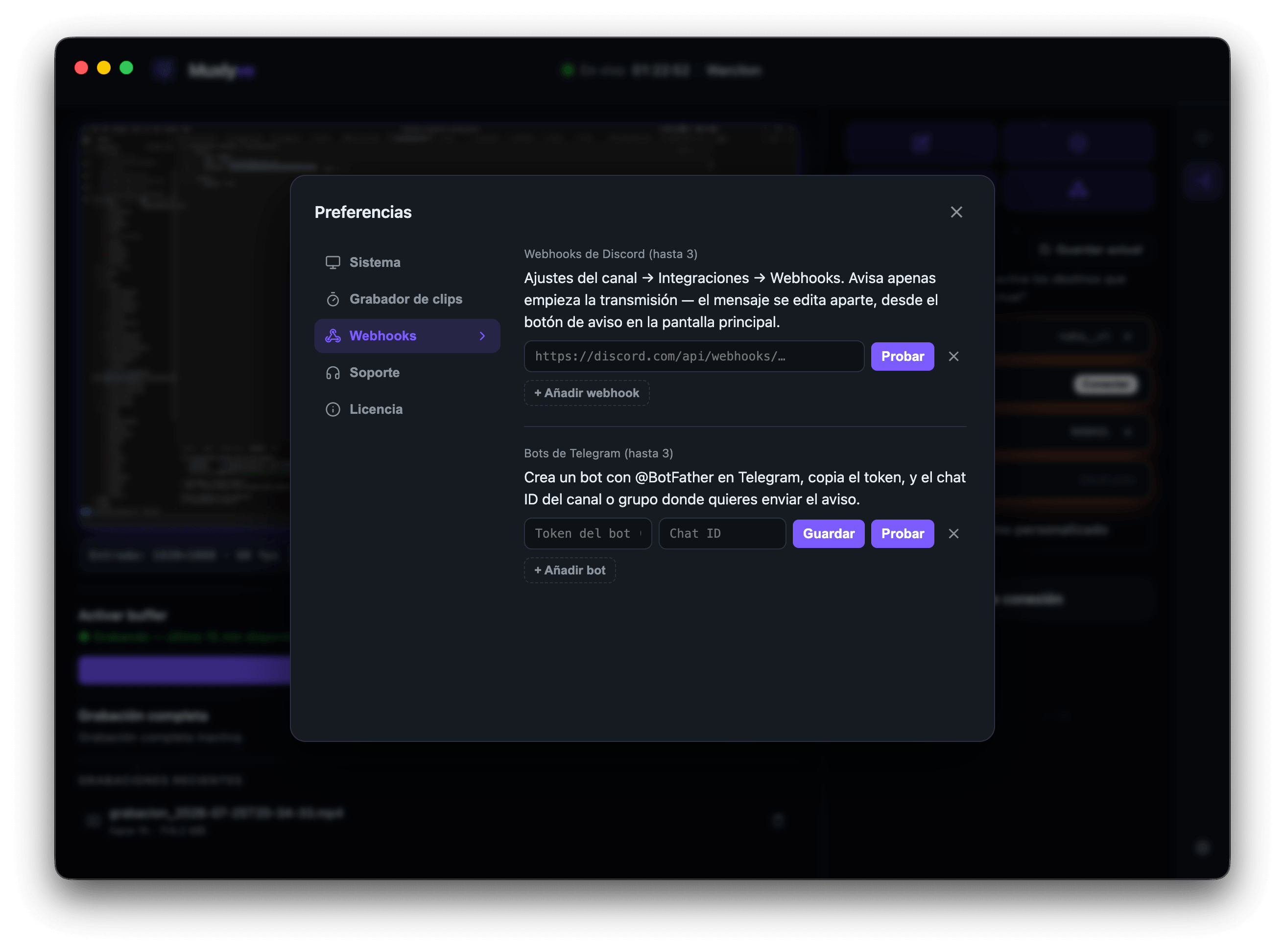 Preferences → Webhooks with a Discord row and a Telegram row