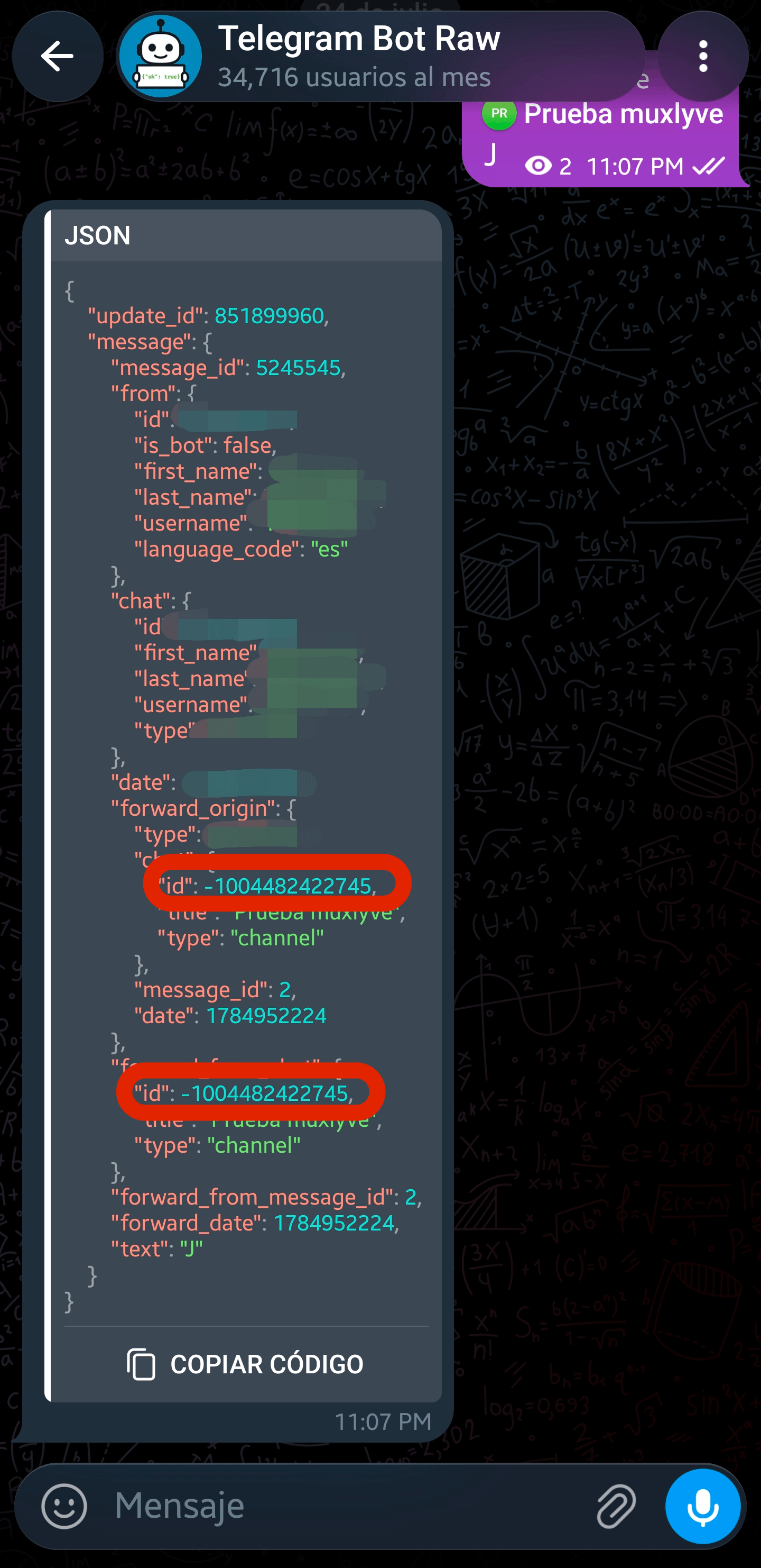 forwarding a message from the channel to JsonDumpBot and the id in the reply