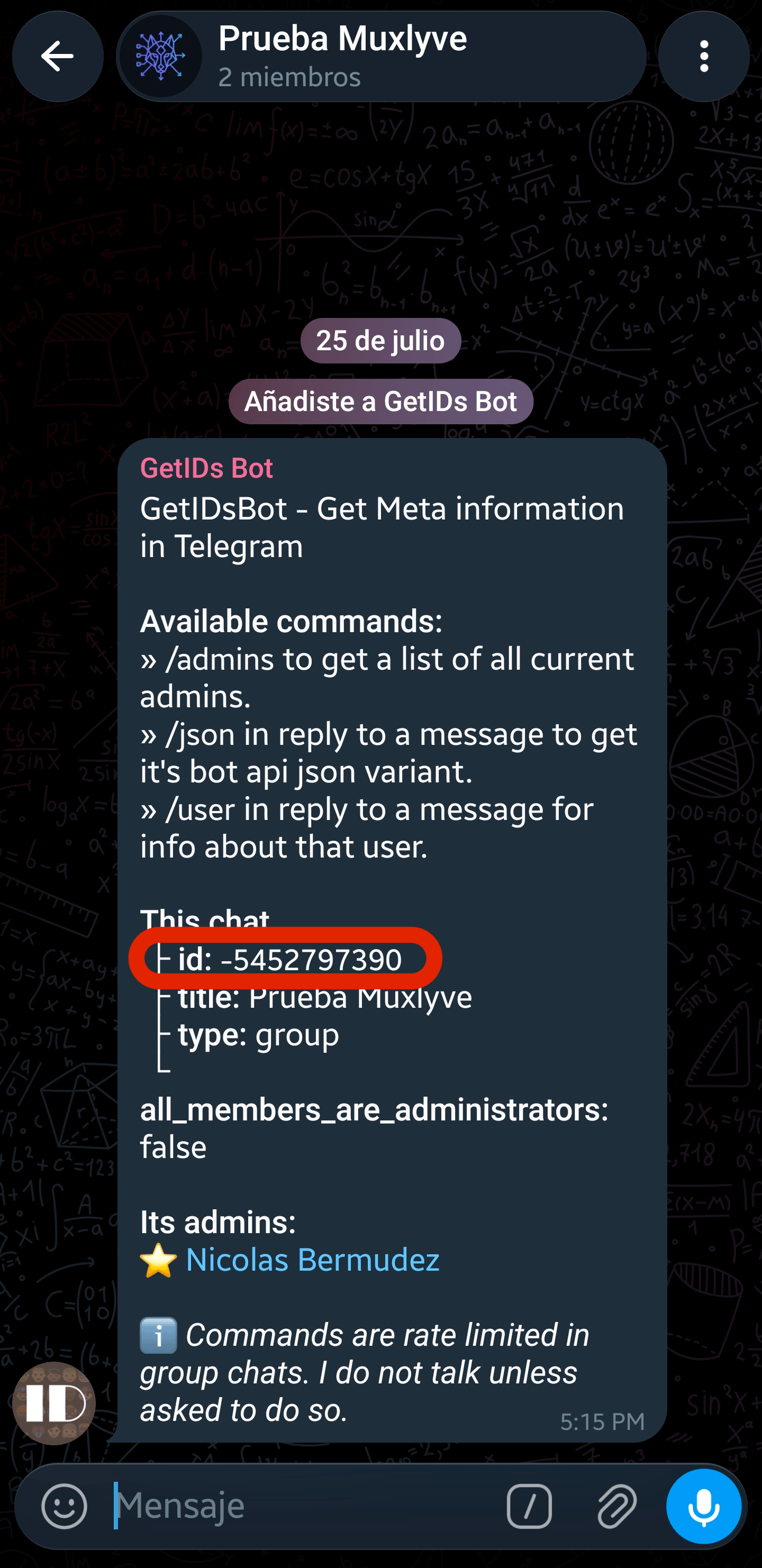 RawDataBot message showing the group's id