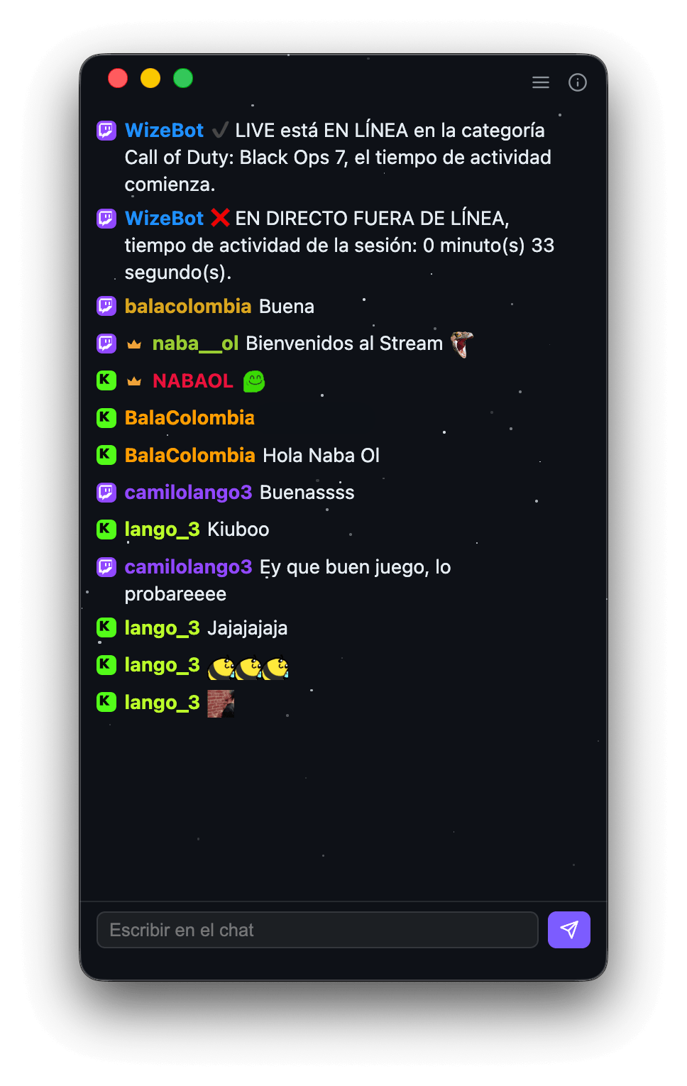 panneau de chat avec les messages des deux plateformes