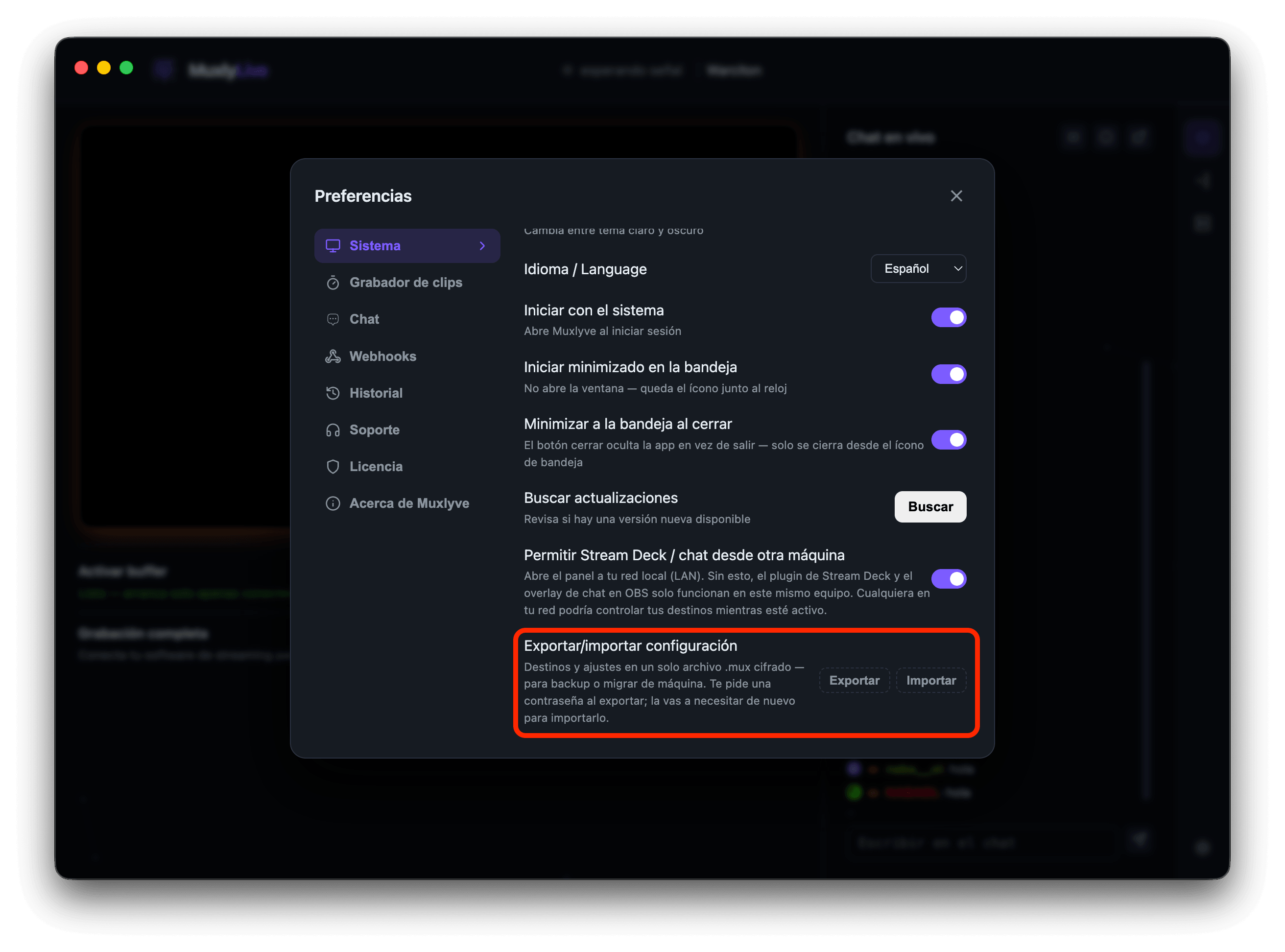 Preferences modal, System tab, with the Export/Import buttons