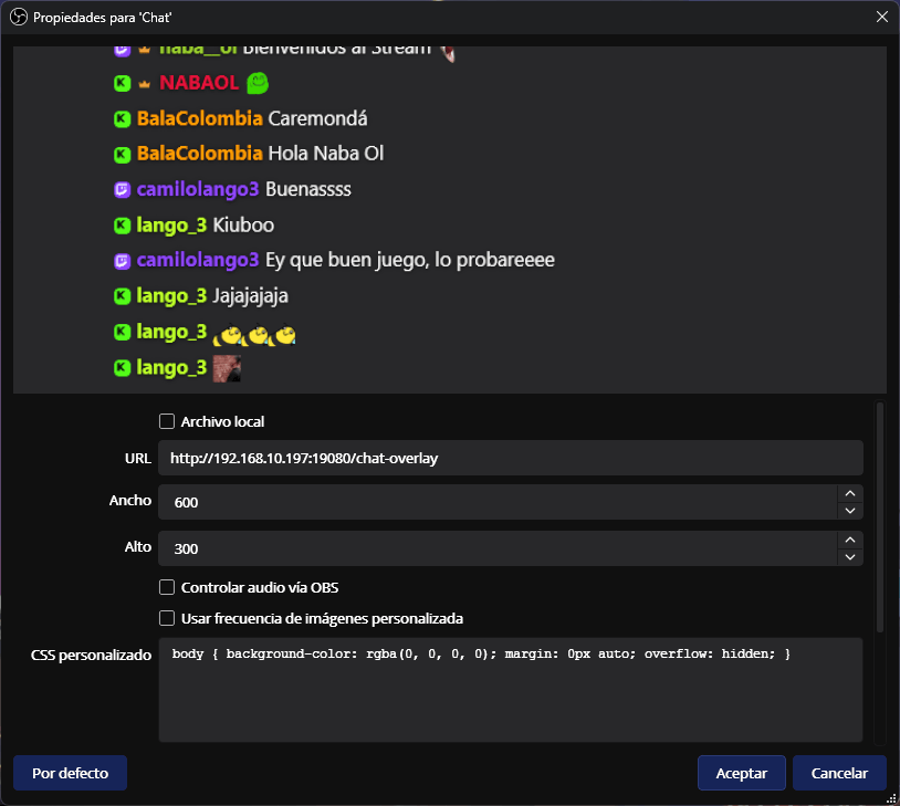 OBS browser source pointing at the overlay