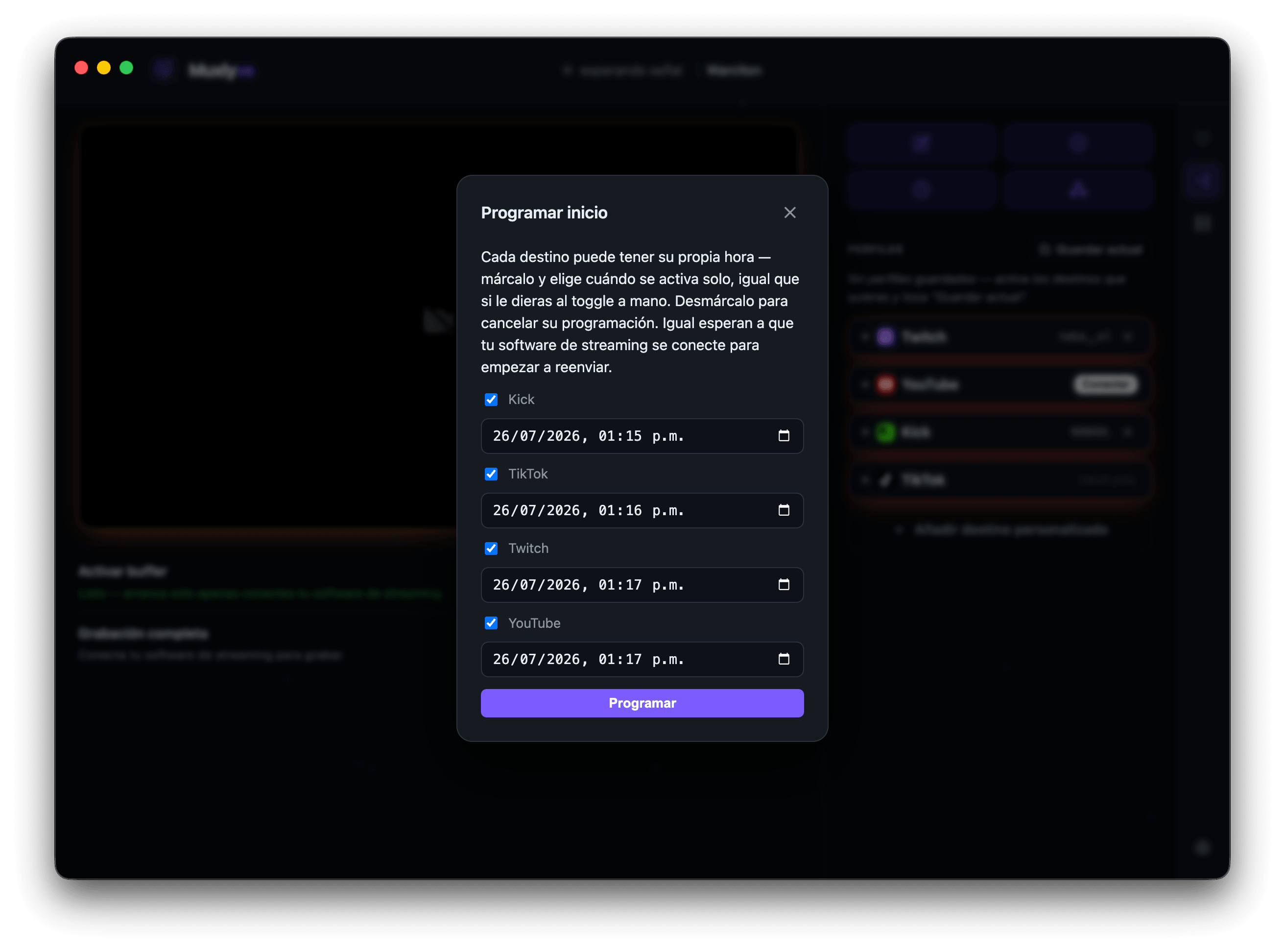 modal para confirmar o agendamento de início de cada plataforma configurada